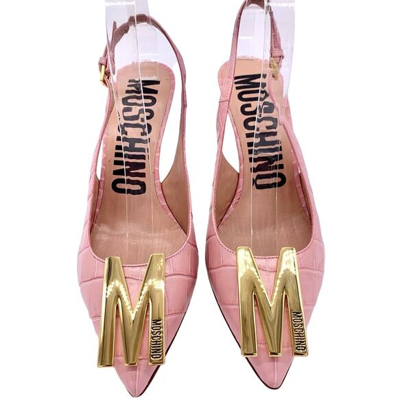 Moschino Couture Croc Embossed Leather M Slingback Pointed Heels Pink Gold 38.5 - Picture 4 of 13